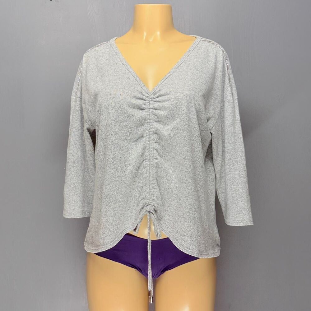 89th + Madison Gray Sweater Top L | Ruched Drawstring | Rhinestone Shoulder - Picture 2 of 4